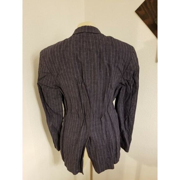 Zara Blazer US 36 Womens 100% Flax Blue White Striped Single Breasted - Picture 5 of 8